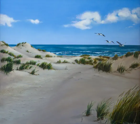 Drie meeuwen boven het strand - schilderij Marieanne Lops